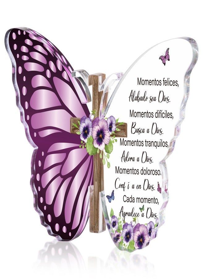 JAPBOR Acrylic Christian Religious Gifts - Spanish Bible Verses God Faith Inspirational Scripture Present for Women, Serenity Butterfly Cross Prayer Keepsake Desk Decor for Home Birthday (Violets) - Image 1